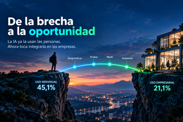 Brecha entre el uso individual y empresarial de la inteligencia artificial, con un recorrido de diagnóstico, prueba, medición e implantación para integrar la IA en las empresas.
