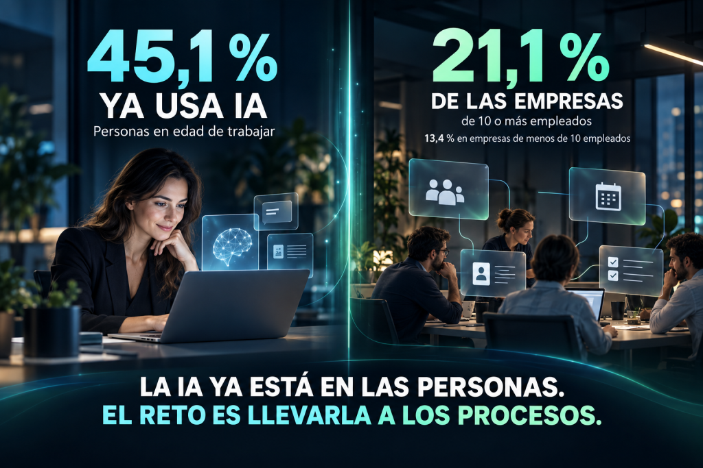 El 45% de los españoles en edad de trabajar ya usa IA. Solo el 21% de las empresas