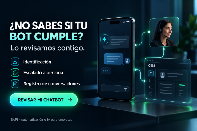 Revisión de chatbot empresarial con identificación de IA, transferencia a persona y registro de conversaciones